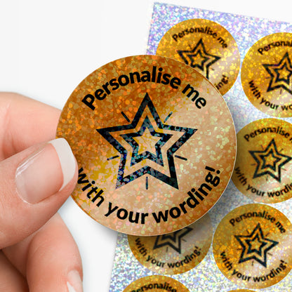 Personalised Bronze star sticker with 'Personalise me with your wording!' text, held by a hand.