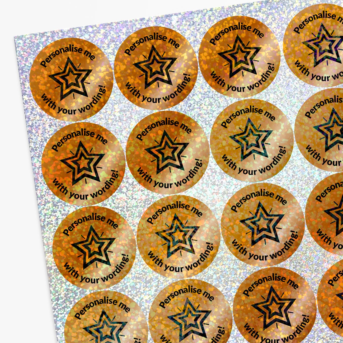 Star-shaped stickers with 'Personalise me with your wording!' text on a white background