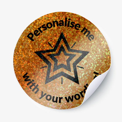 Round sticker with star design and text 'Personalise me with your words' on a glittery background