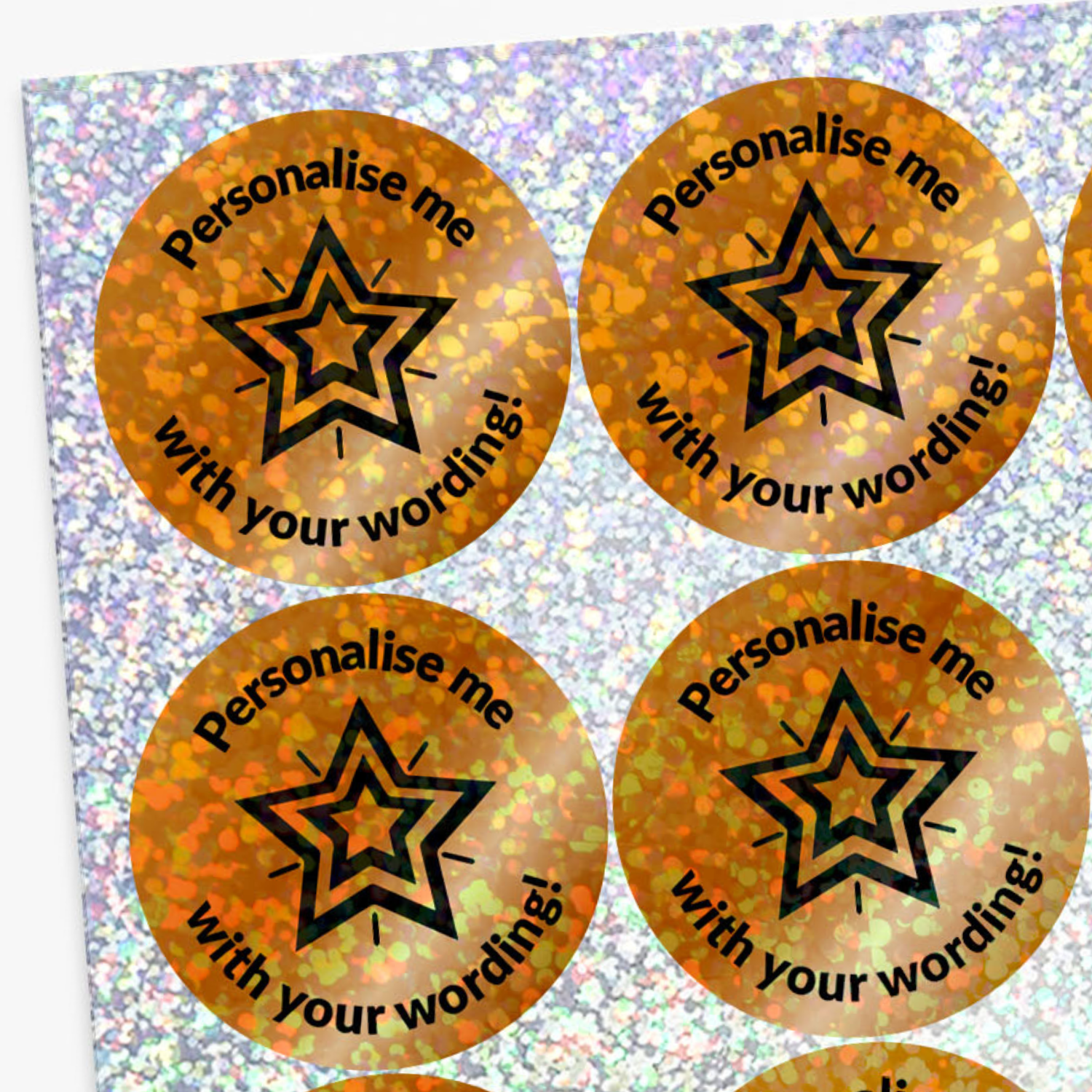 Four round stickers with star design and text 'Personalise me with your wording!' on a glittery background.