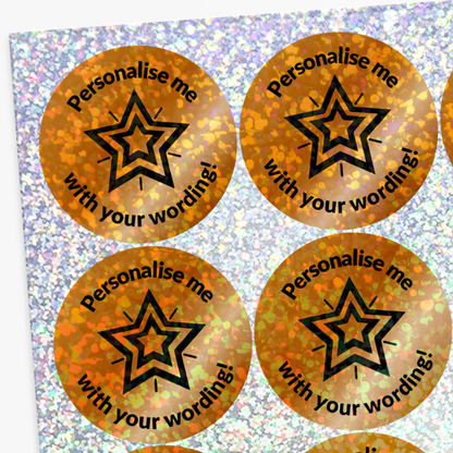 Four round stickers with star design and text 'Personalise me with your wording!' on a glittery background.