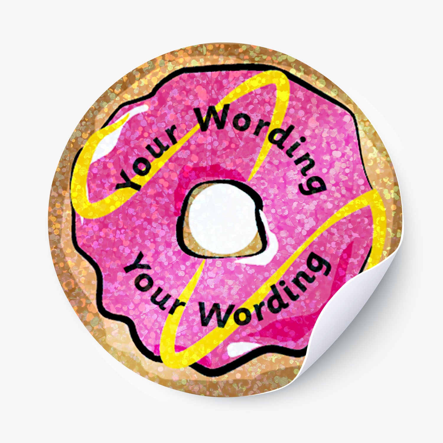 Pink donut-shaped sticker with customisable text on a white background