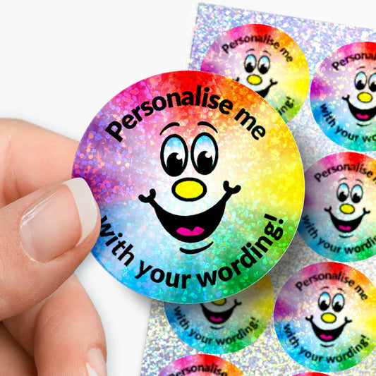 35 Personalised Holographic Rainbow Smiley Stickers - 37mm