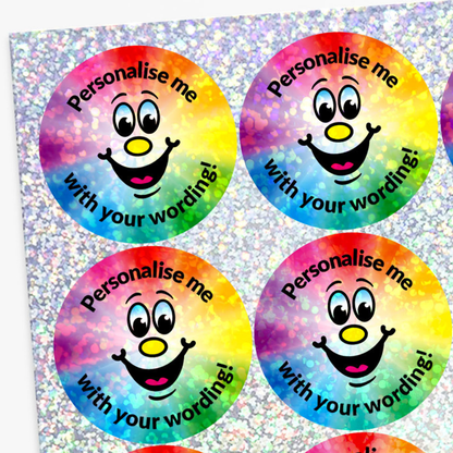 Set of colorful stickers with smiley faces and text on a glittery background