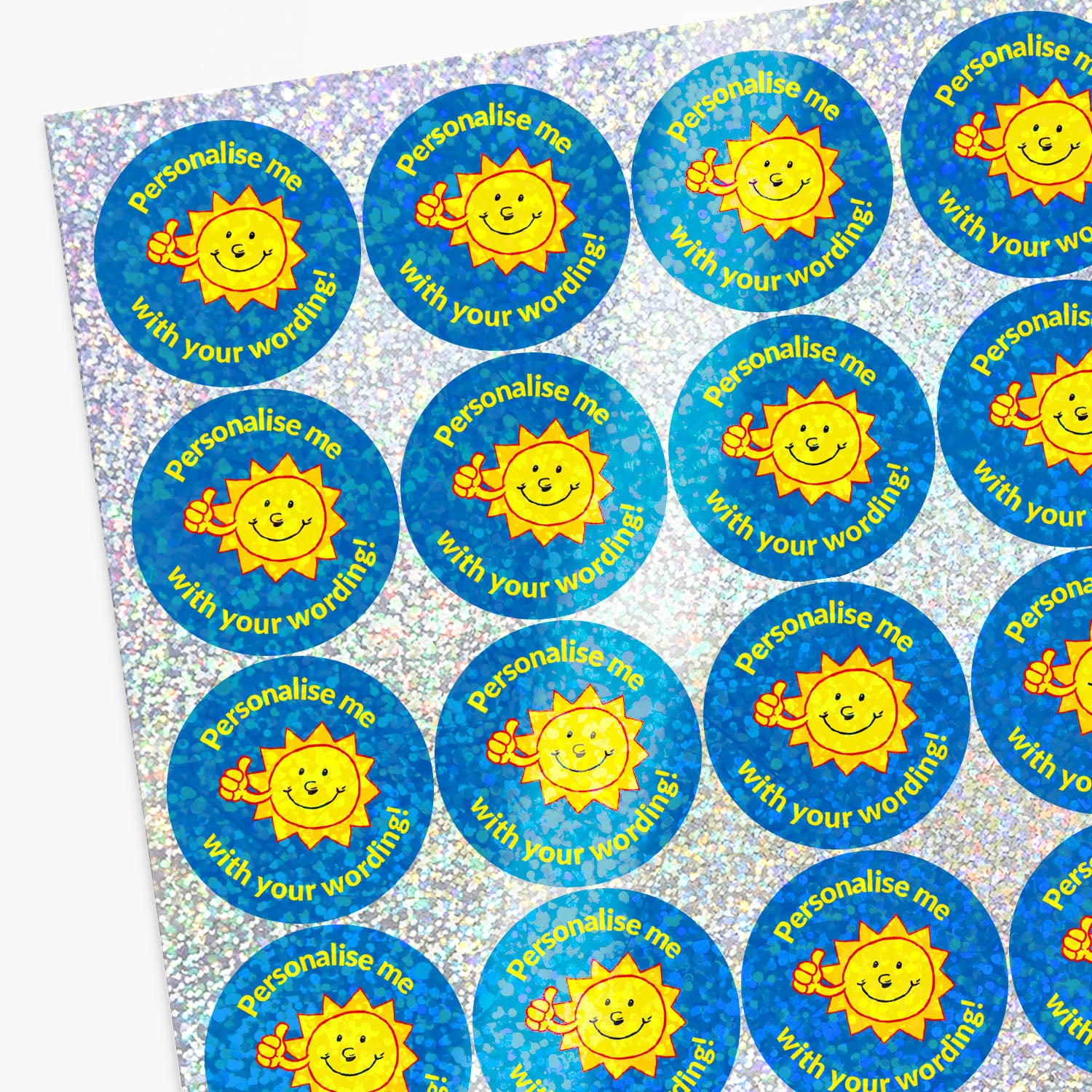 Sheet of personalised stickers with sun design and text on a textured background