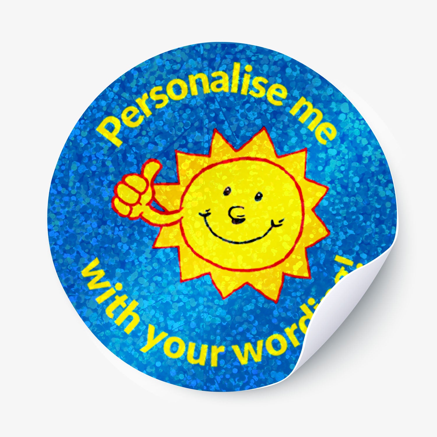 Round sticker with a sun character and text 'Personalise me with your words' on a blue background