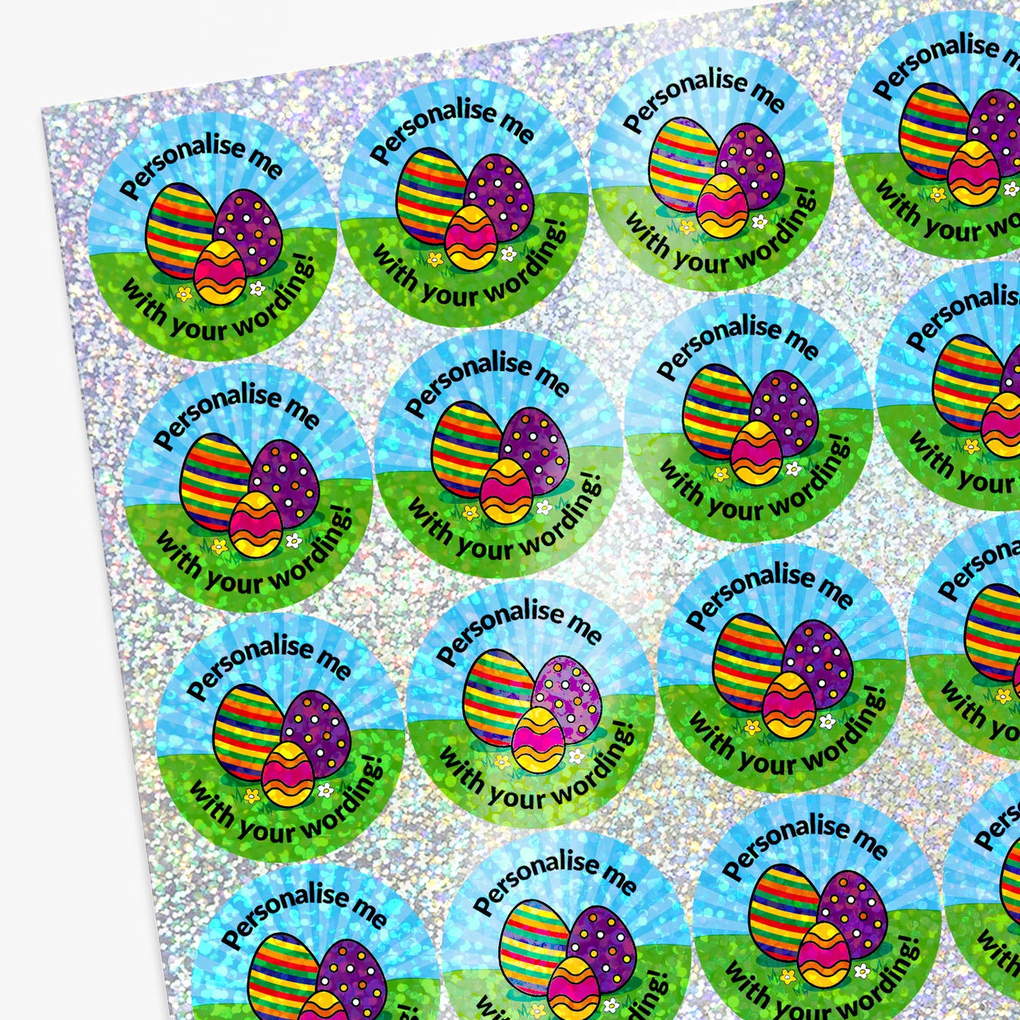 Sheet of Easter-themed stickers with colorful eggs and text on a glittery background