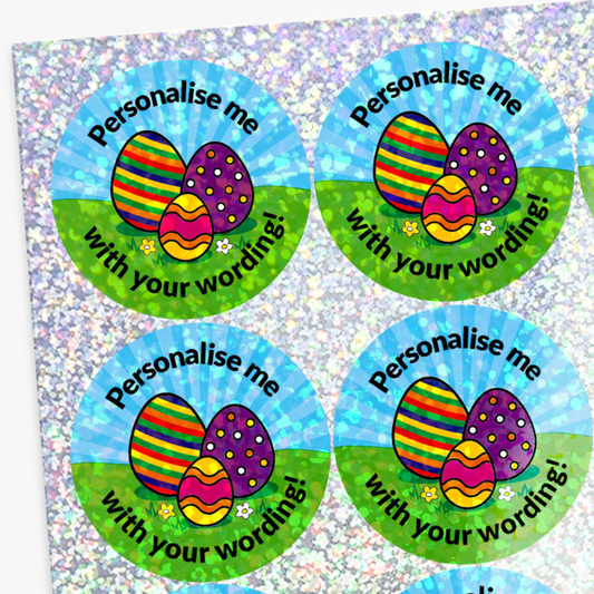 Four round stickers with Easter eggs and text on a glittery background