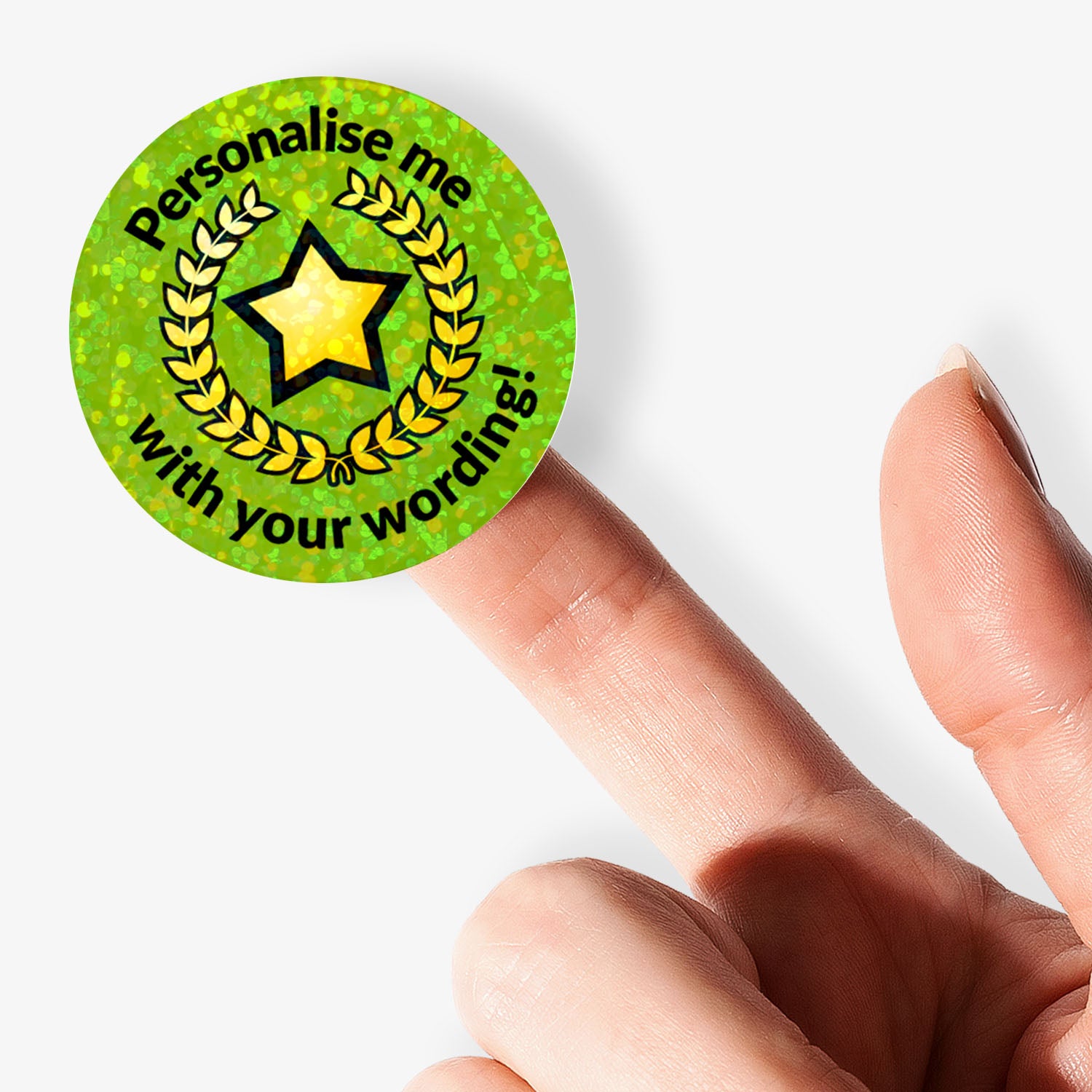 Green badge with star and text 'Personalise me with your wording!' held by a hand.
