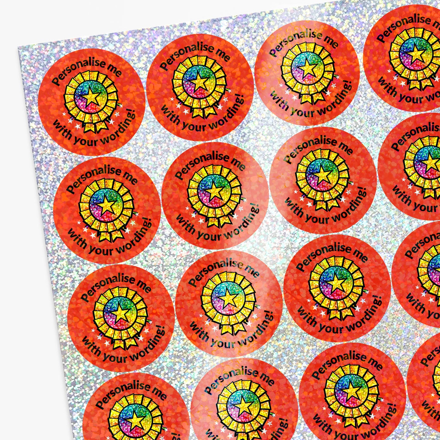 Sheet of round stickers with colorful designs and text on a textured background