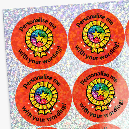 Set of round stickers with colorful star design and text on a glittery background