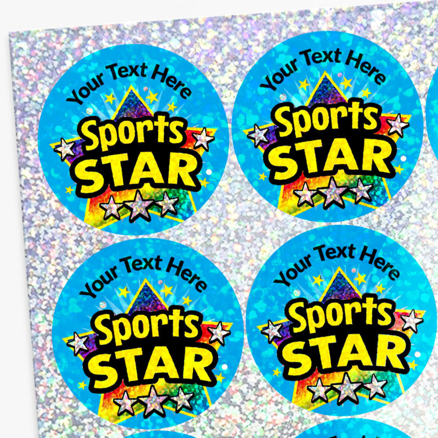 Four round stickers with 'Sports Star' text on a glittery background