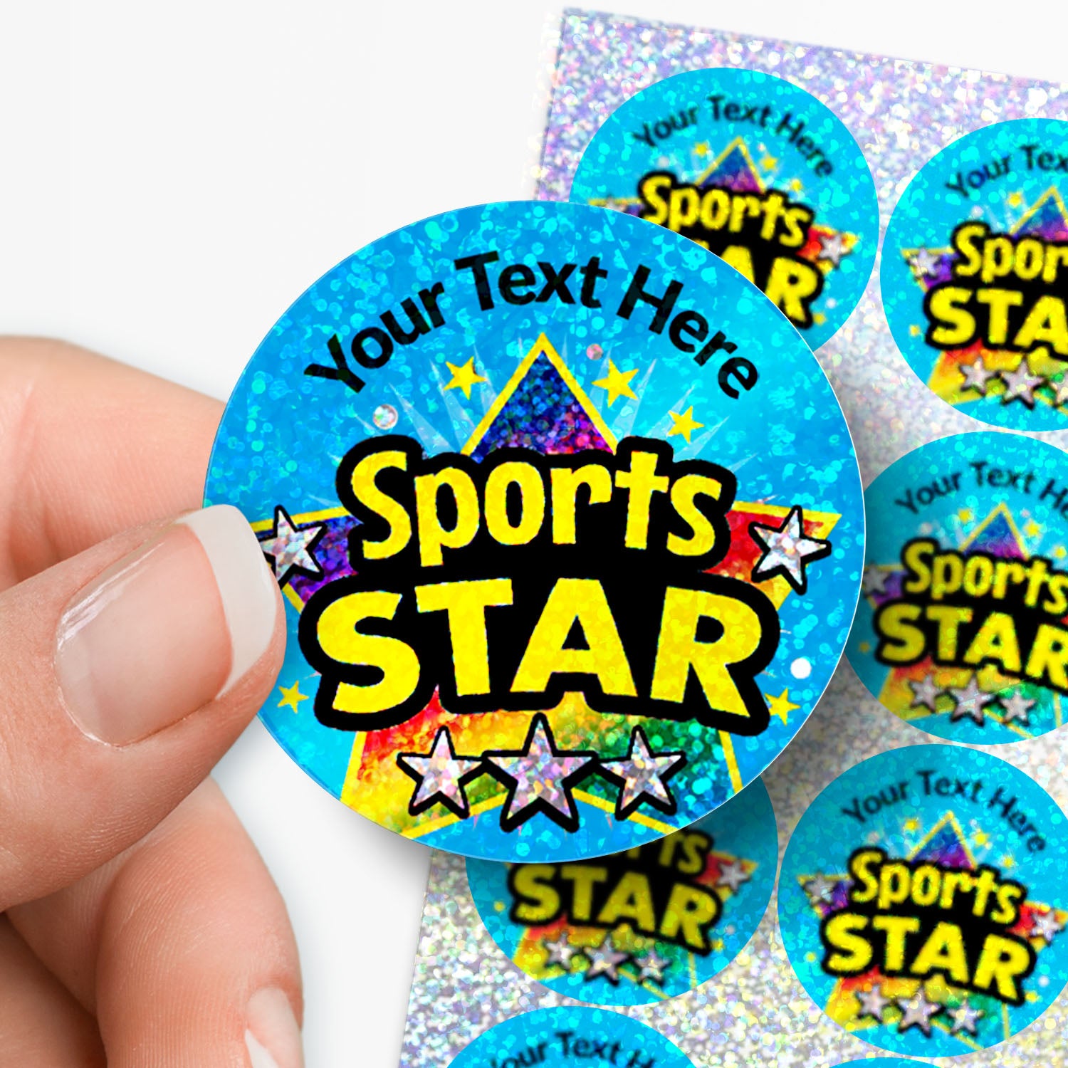 Round stickers with 'Sports STAR' text held by a hand, surrounded by more stickers on a white background.