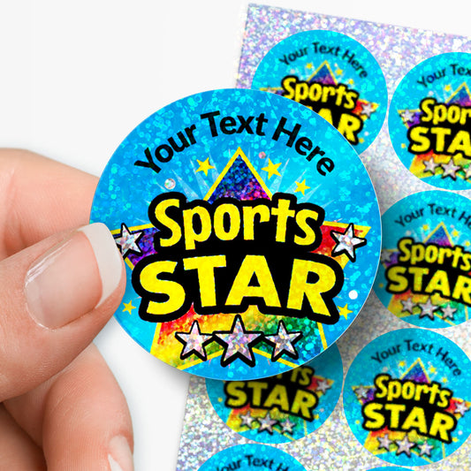 Round stickers with 'Sports STAR' text held by a hand, surrounded by more stickers on a white background.