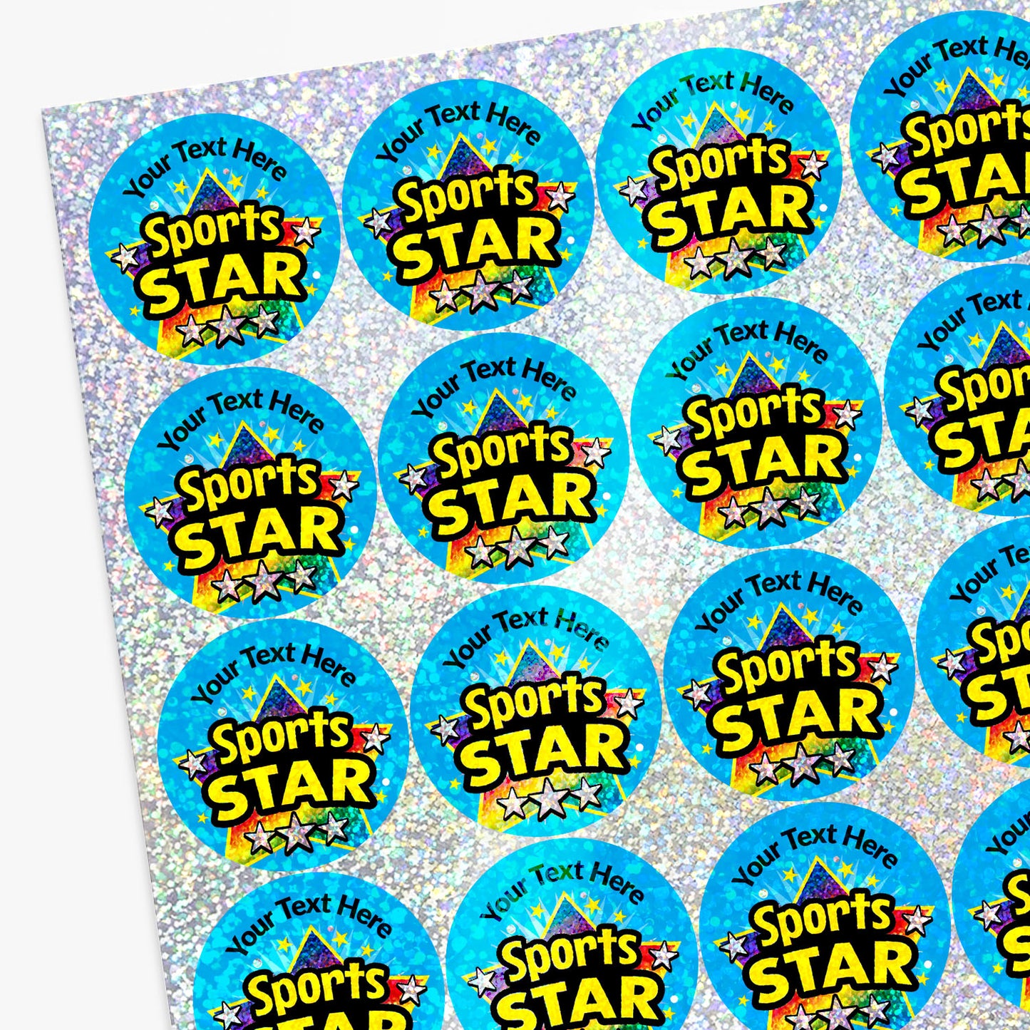Sheet of 'Sports Star' stickers with customizable text on a textured background