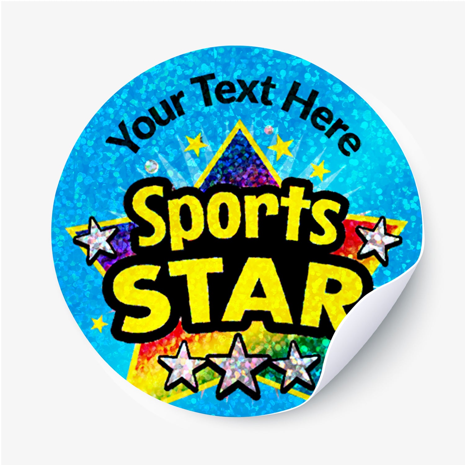 Round sticker with 'Sports Star' text on a blue background