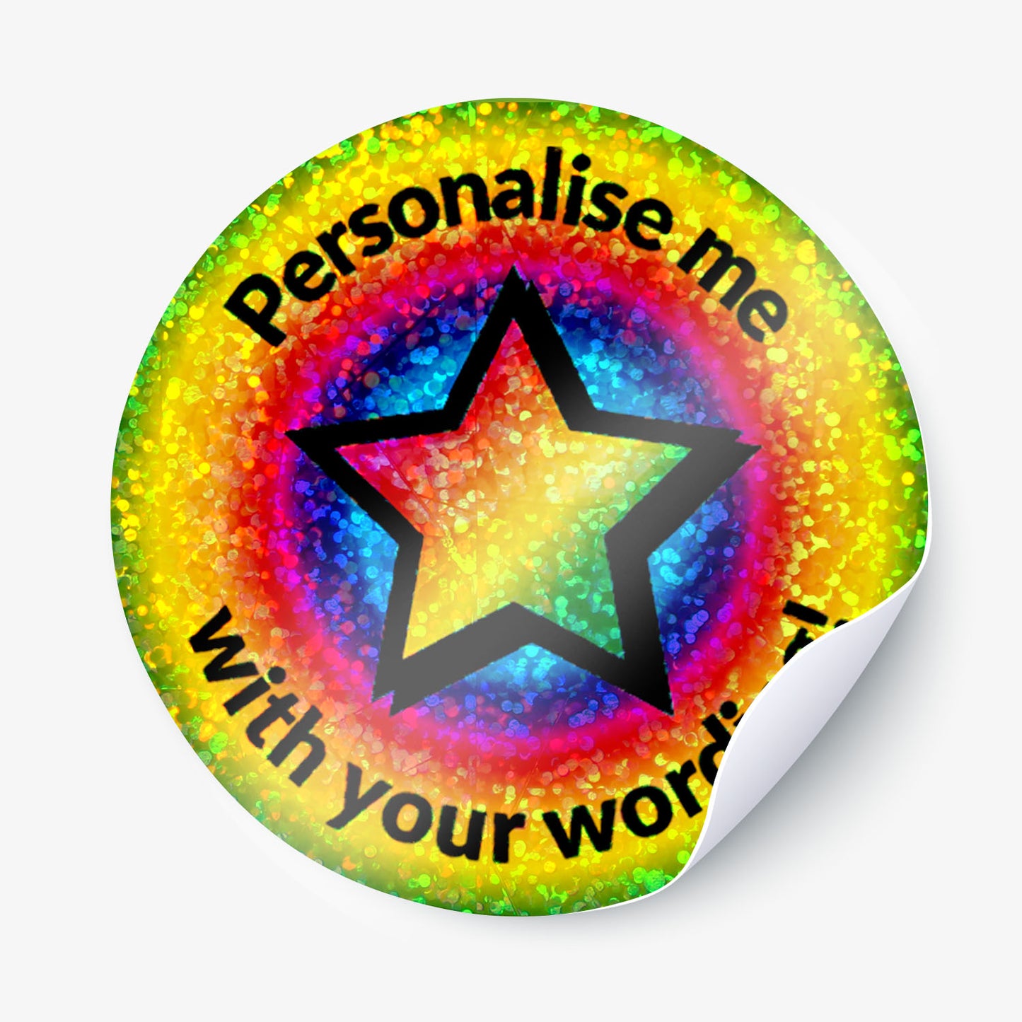 35 Personalised Holographic Rainbow Star Burst Stickers - 37mm