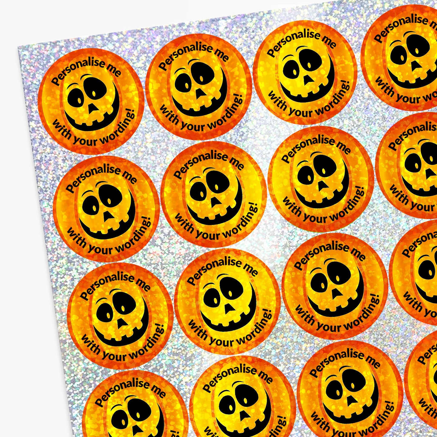 Sheet of circular stickers with sparkly pumpkin design and personalised text.