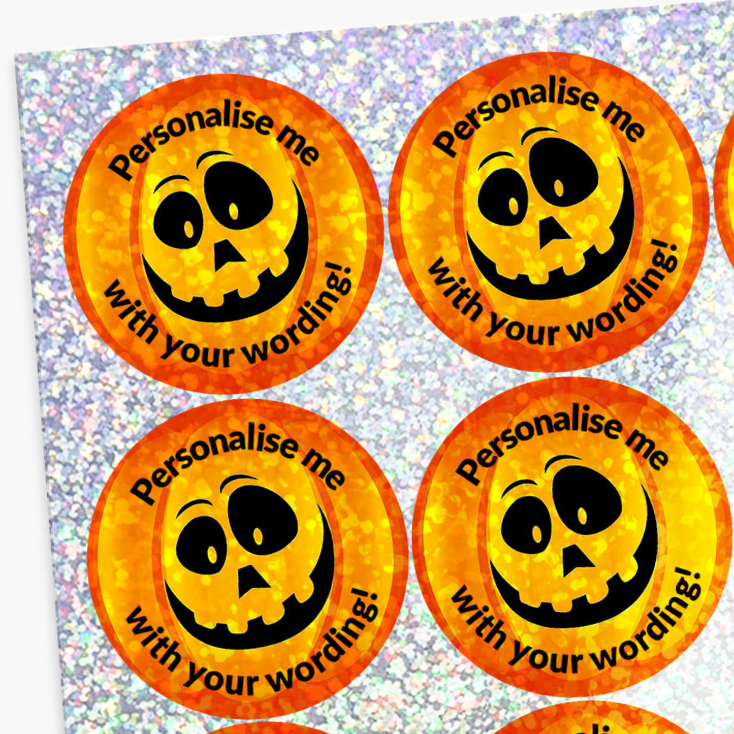 Halloween-themed stickers with pumpkin faces and text on a glittery background