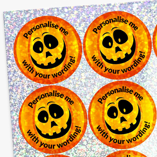 Halloween-themed stickers with pumpkin faces and text on a glittery background
