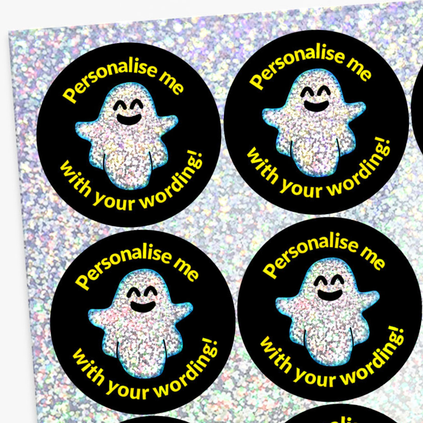 Four round stickers with ghost illustrations and text on a glittery background