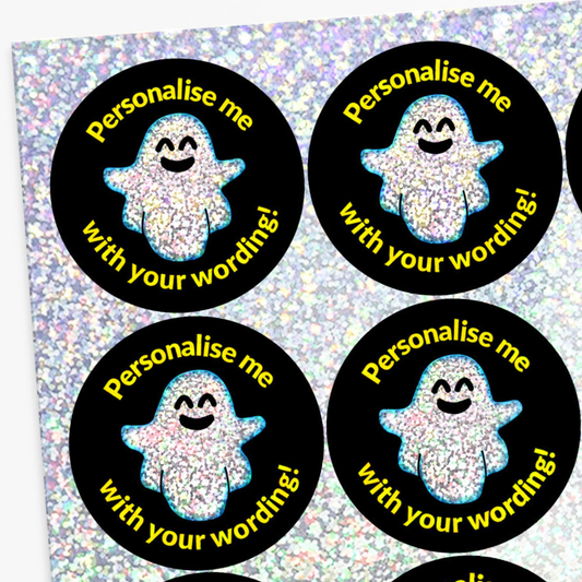 Four round stickers with ghost illustrations and text on a glittery background