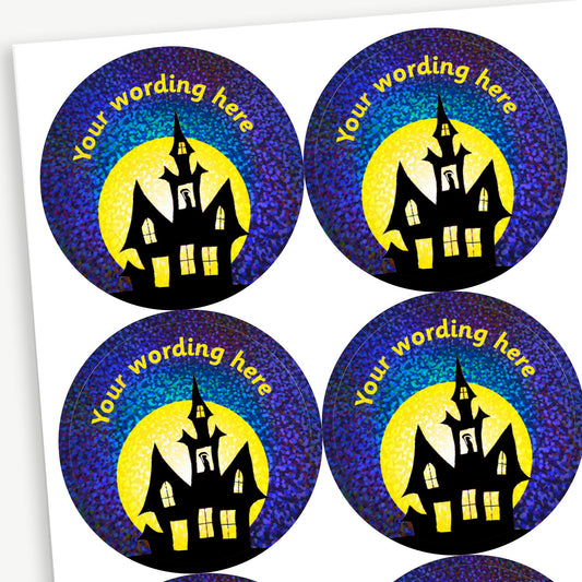 35 Personalised Holographic Haunted House Stickers - 37mm