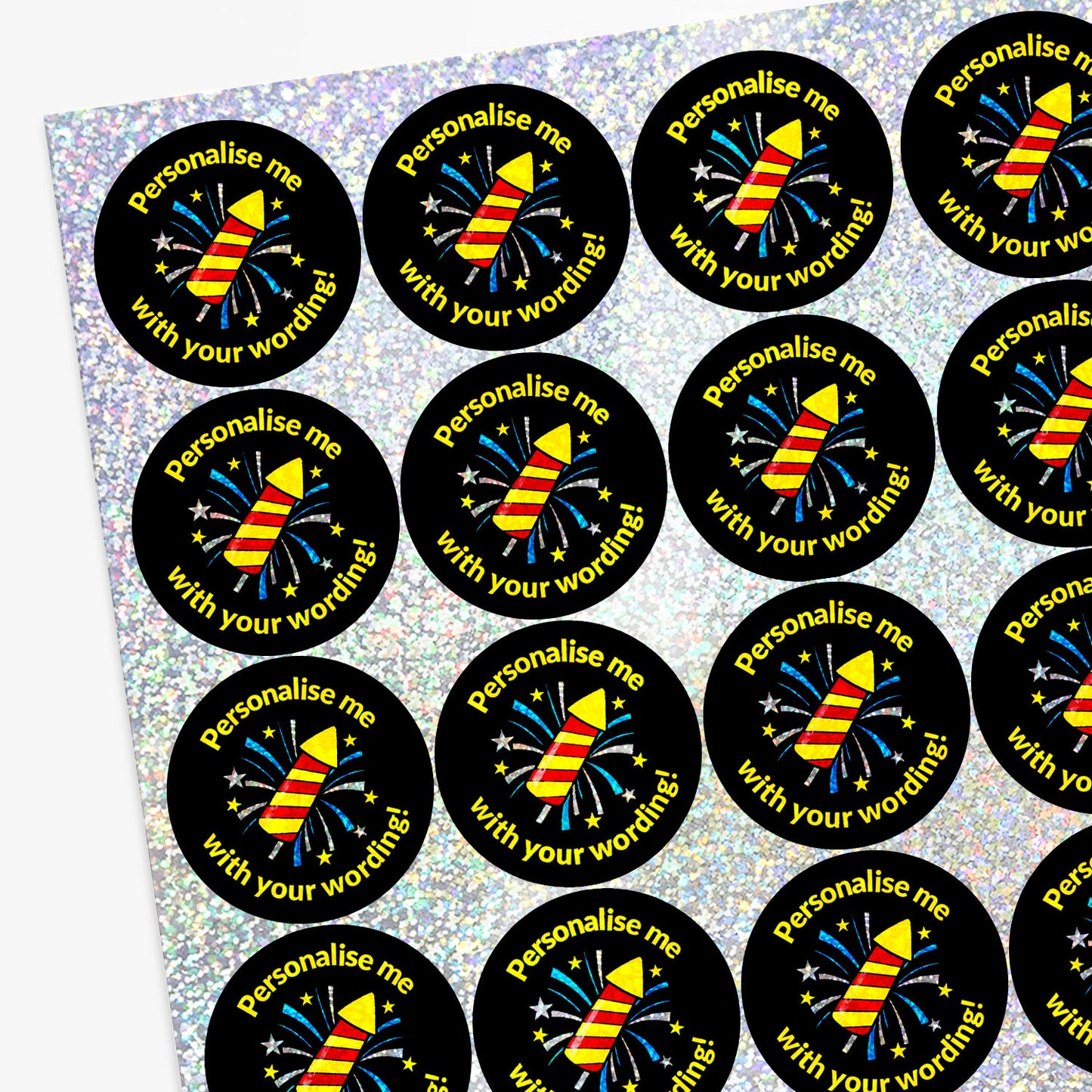 Sheet of circular stickers with sparkly fireworks design and personalised text.