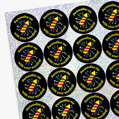 Sheet of circular stickers with sparkly fireworks design and personalised text.