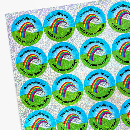 Sheet of holographic rainbow stickers with text 'Personalise me with your wording'.