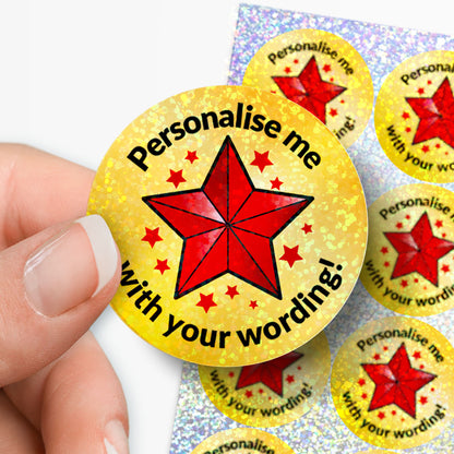 Circular sticker with Red Star and personalised text held by hand with sheet of stickers in the background.