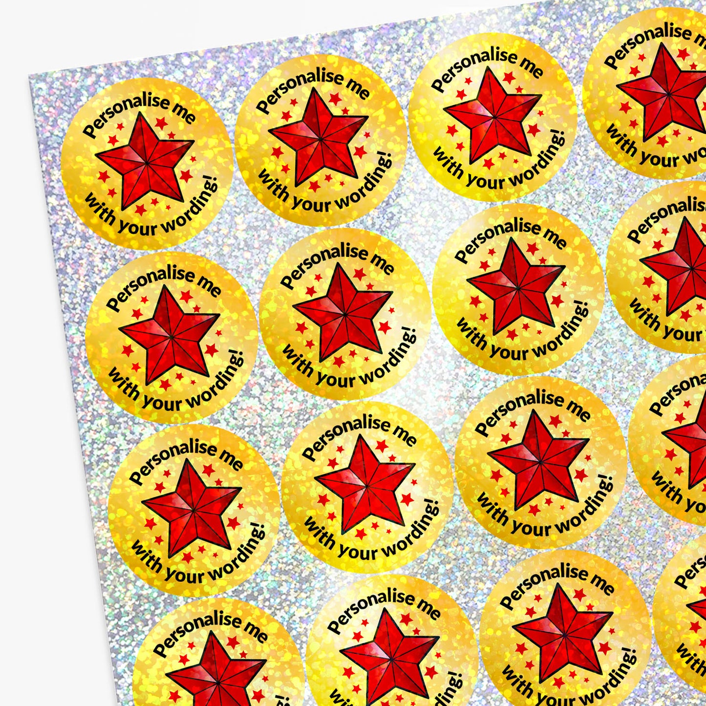 Sheet of circular stickers with Red Star and personalised text.