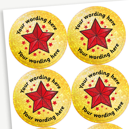 35 Personalised Holographic Coloured Star Gold Stickers - 37mm