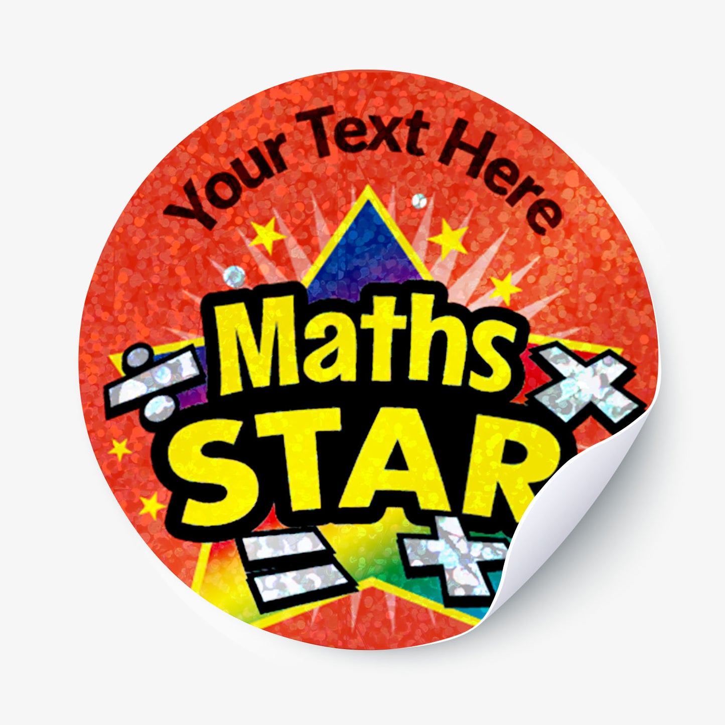 Circular sticker with 'Maths Star' text on a red background