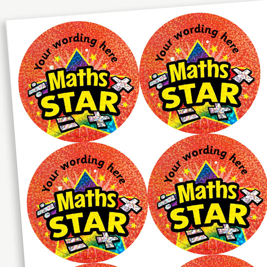 35 Personalised Holographic Maths Star Stickers - 37mm