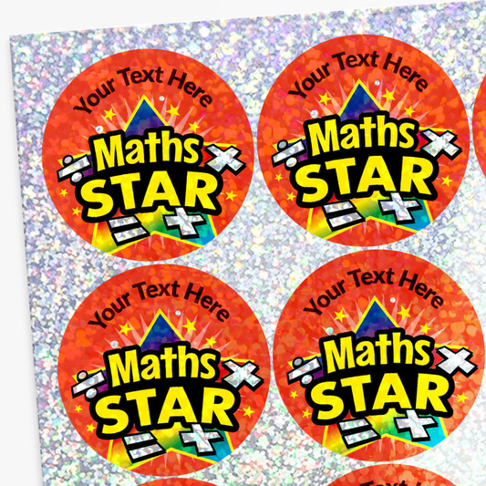 Four 'Maths Star' stickers with customizable text on a glittery background
