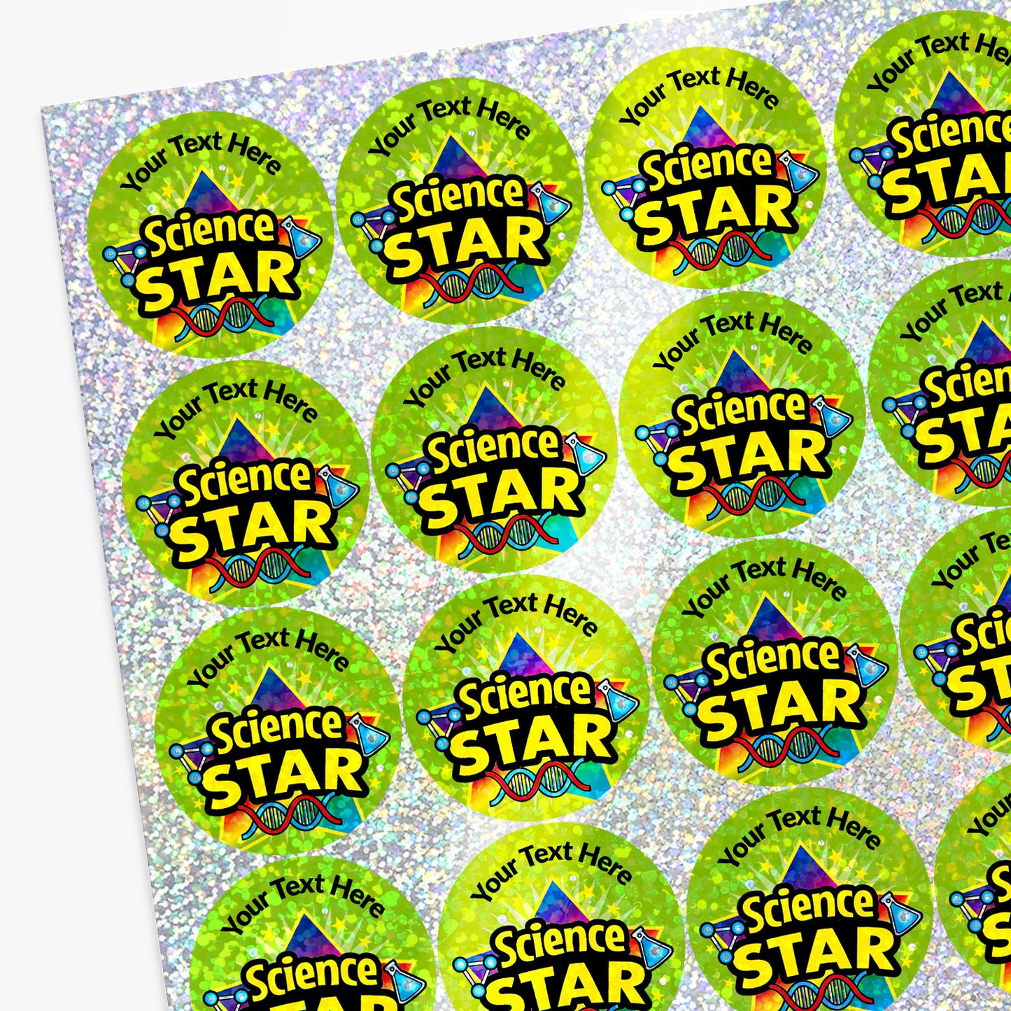 35 Personalised Holographic Science Star Stickers - 37mm
