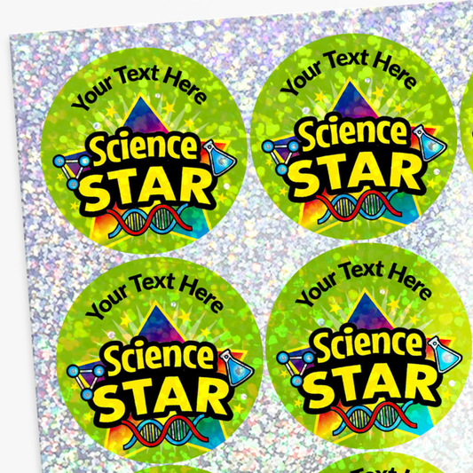 Four 'Science Star' stickers with customizable text on a glittery background