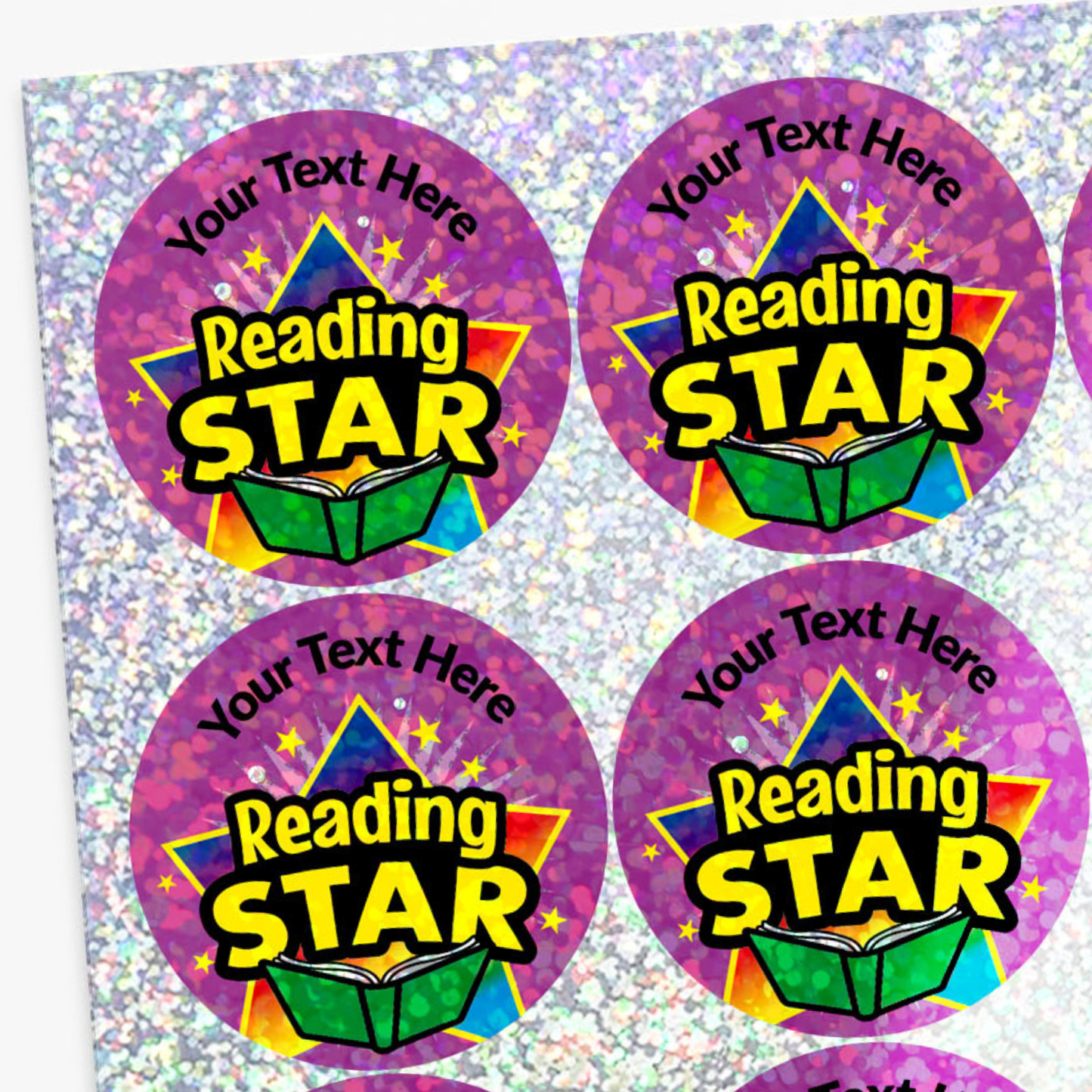 Four 'Reading Star' stickers with customizable text on a glittery background