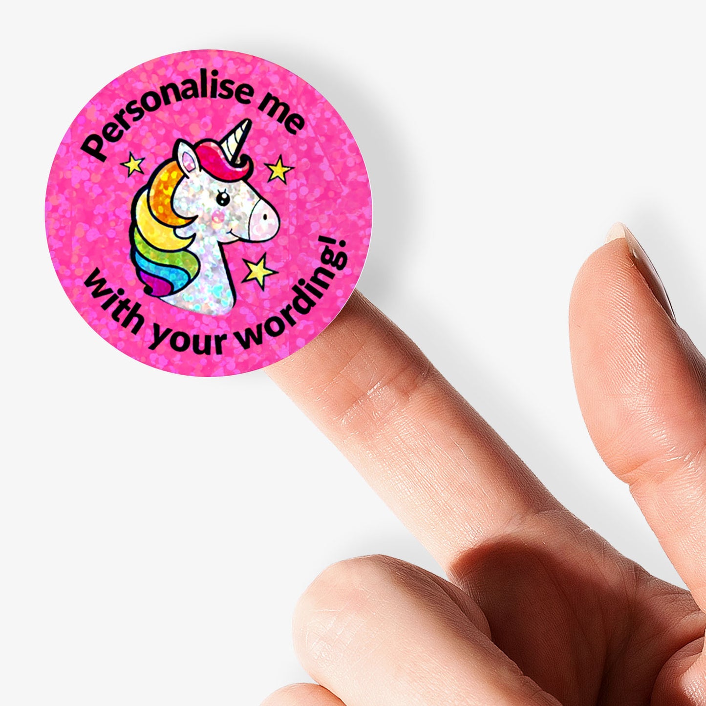 35 Personalised Holographic Unicorn Stickers - 37mm