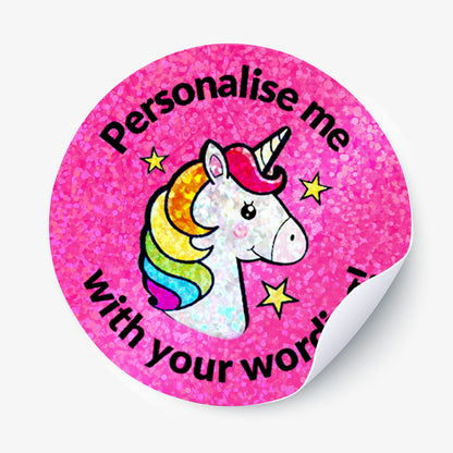 35 Personalised Holographic Unicorn Stickers - 37mm