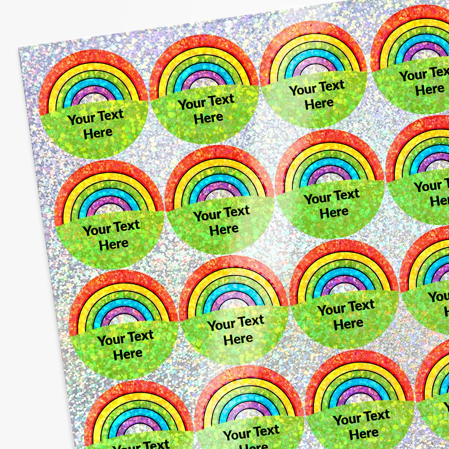 Sheet of rainbow-themed personalised holographic stickers with customisable text.