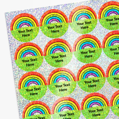 Sheet of rainbow-themed personalised holographic stickers with customisable text.