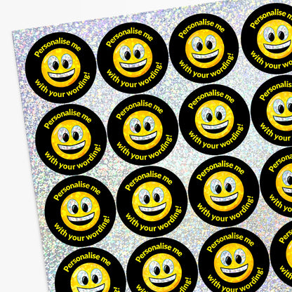 Sheet of round smiley face stickers with text 'Personalise me with your wording!' on a glittery background.