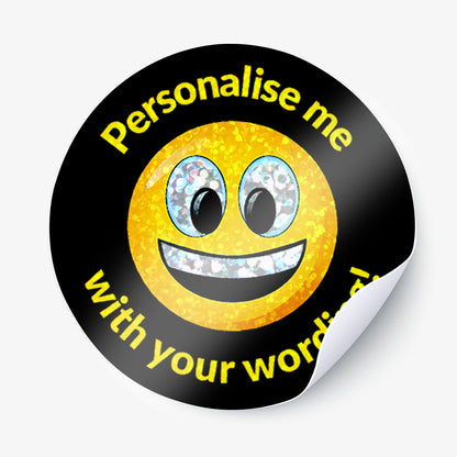 Round sticker with a smiley face and text 'Personalise me with your words!' on a white background