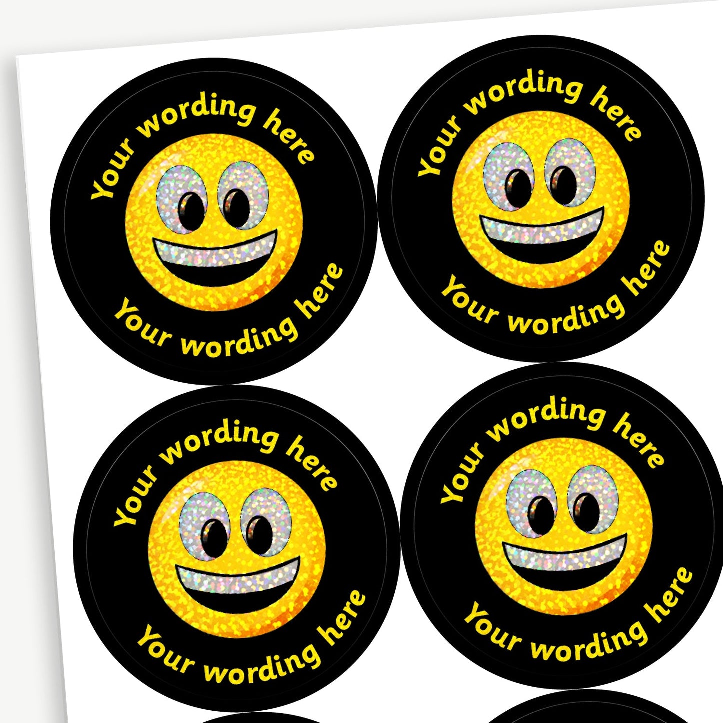 35 Personalised Holographic Happy Emoji Stickers - 37mm
