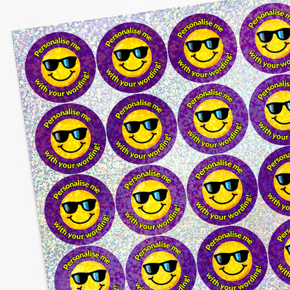 Sheet og Smiley face with sunglasses stickers with 'Personalise me with your wording!' text.
