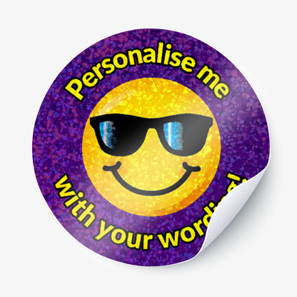 Smiley face with sunglasses sticker with 'Personalise me with your wording!' text.