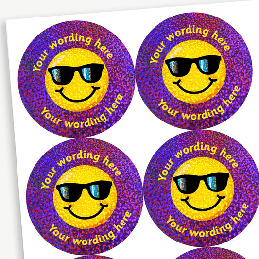 35 Personalised Holographic Cool Emoji Stickers - 37mm