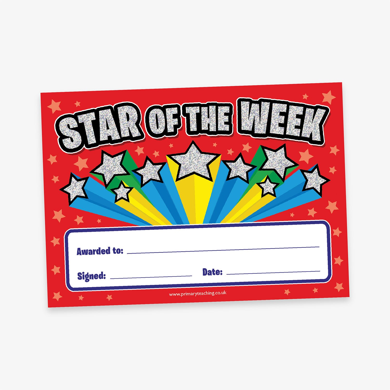 A red 'Star of the Week' certificate with bold silver holographic lettering and a colourful burst of stars and rays in yellow, blue, and green. The bottom section includes fields for the recipient’s name, signature, and date.